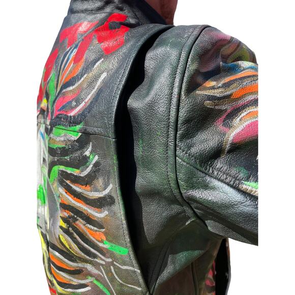 Vintage Biker Jacket, One-of-a-kind Custom Painted Leather, "Get Lucky" Large - Picture 7 of 12
